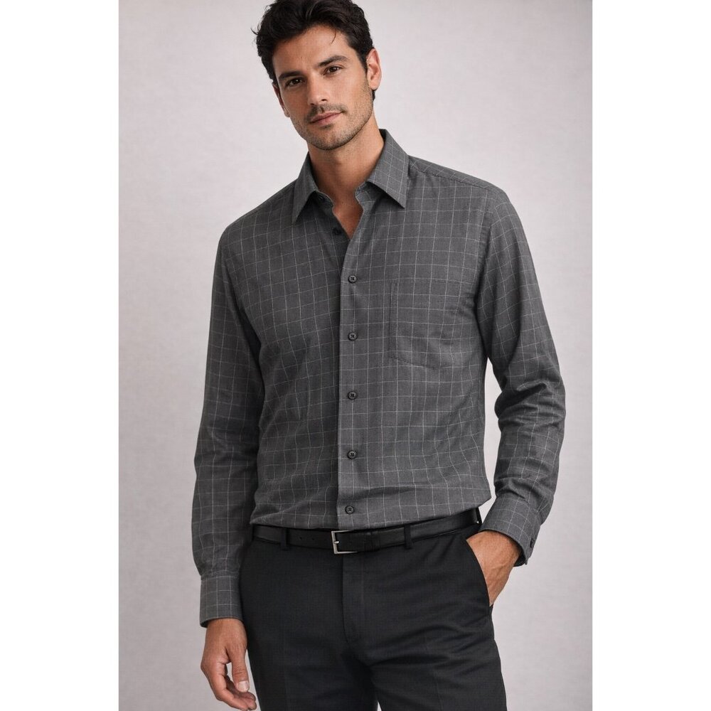Canali Gray Windowpane Cotton Button Down Shirt Made in Italy Men’s XL